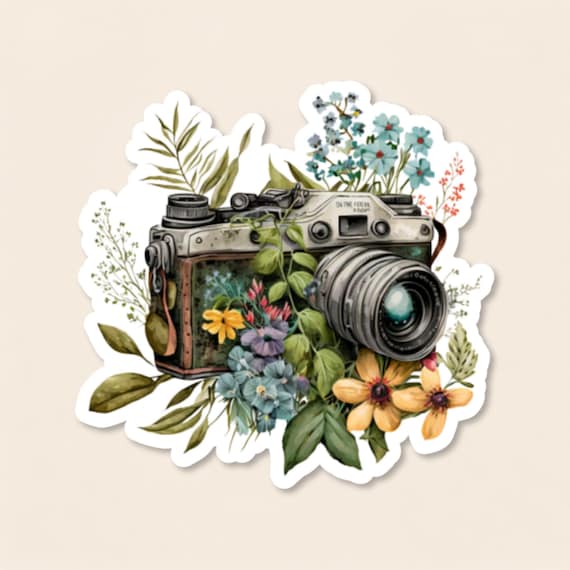 Vintage Camera Sticker with Wildflowers | Vinyl, Waterproof Sticker | Gift for Photography Lovers, Vintage Lovers| Kindle Sticker