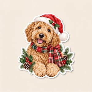 May include: A golden-brown curly-haired dog wearing a red Santa hat with white trim and a red and green plaid scarf. The dog is surrounded by green pine branches, brown pinecones, and small red berries, creating a festive holiday illustration.
