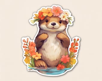 Otter Wildflower Sticker, River Otter Decal for Kindle, Cottagecore Sea Animal Vinyl for Tumbler and Water Bottle