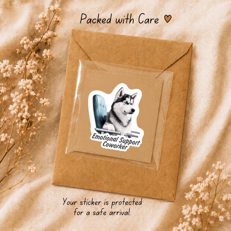 Pu&ograve; includere: Un adesivo raffigurante un husky bianco e nero seduto su una sedia da ufficio blu con il testo Emotional Support Coworker, in una busta di plastica trasparente su una busta di carta marrone con il testo Packed with Care e un'icona a cuore.