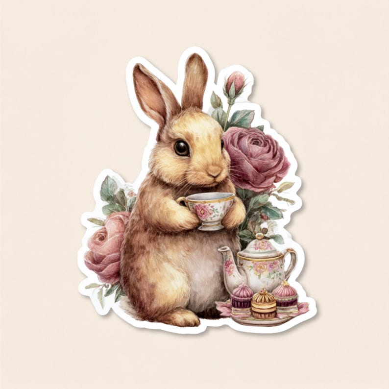 May include: A brown rabbit holding a small floral teacup, surrounded by pink roses and green leaves. Next to the rabbit is a matching floral teapot and a small plate with three colorful cupcakes, all presented as a die-cut sticker design.
