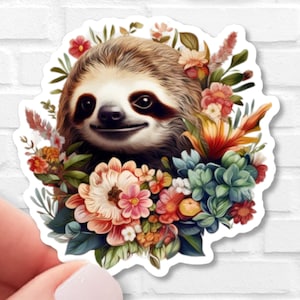 Sloth with Wildflowers and Roses Sticker | Waterproof Vinyl | Animal Sticker | Cottagecore | Kindle Sticker | Gift for Animal Lovers