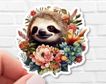 Sloth with Wildflowers and Roses Sticker | Waterproof Vinyl | Animal Sticker | Cottagecore | Kindle Sticker | Gift for Animal Lovers