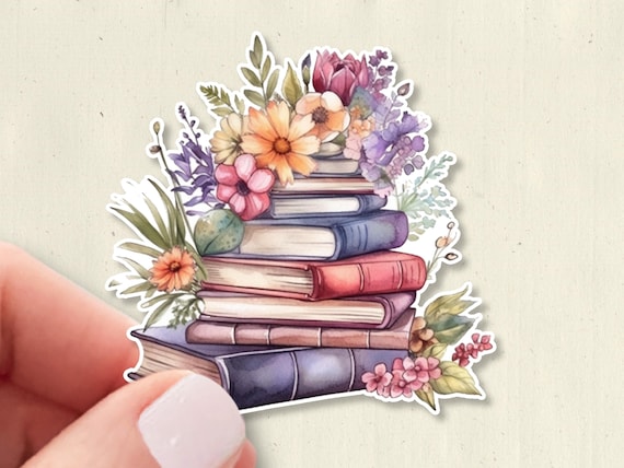 Floral Book Stack Die Cut Sticker, Bookworm Gift for Book Lover, Waterproof Vinyl Decal for Kindle, Laptop, Water Bottle, Journal