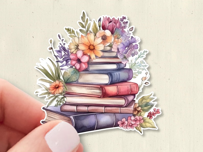 May include: A die-cut sticker featuring a stack of five books in shades of blue, red, and brown, topped with a vibrant arrangement of watercolor-style flowers including orange daisies, pink blossoms, and purple sprigs with green foliage.