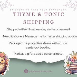 May include: A white graphic with the text STICKERS TO MAKE YOUR STATEMENT THYME & TONIC at the top and an Instagram handle at the bottom. Two stickers are displayed: a hedgehog wearing a floral crown and a stack of books topped with flowers.