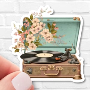Vintage Record Player with Wildflowers Sticker | Waterproof Vinyl | Cottagecore | Music Sticker for Kindle | Gift For Music Lovers