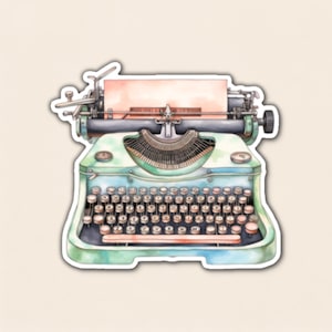 May include: A watercolor illustration of a vintage typewriter in shades of mint green and teal. The machine features a black carriage, a curved keyboard with circular keys, and a blank rectangular sheet of paper inserted into the top roller.