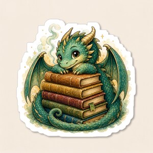 May include: A teal dragon with tan horns and wings rests its front claws on a stack of five vintage-style books. The dragon has large dark eyes and a small smile. Wisps of smoke curl from its head, and small golden stars surround the creature.