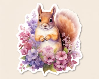 Squirrel Wildflower Sticker, Cute Backyard Animal Decal for Kindle, Cottagecore Park Vinyl for Tumbler and Journal