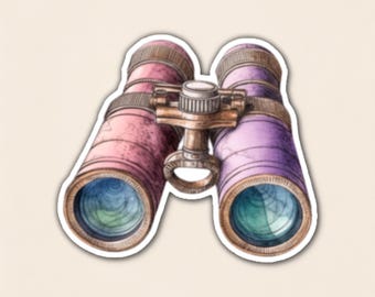 Può includere: Un binocolo con un barilotto rosa a sinistra e uno viola a destra. Il dispositivo presenta un ponte centrale in metallo con una manopola di messa a fuoco e un anello circolare, completato da lenti in vetro color verde acqua.