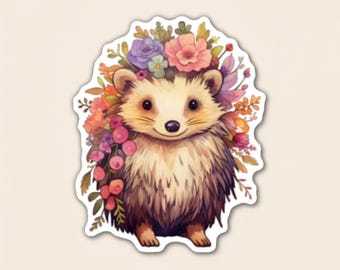 Hedgehog Wildflower Sticker, Tiny Forest Animal Decal for Kindle, British Cottagecore Vinyl for Journal and Tumbler