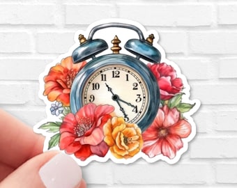Floral Vintage Alarm Clock Sticker | Vinyl, Waterproof | Flower Cottagecore Sticker | Kindle Sticker