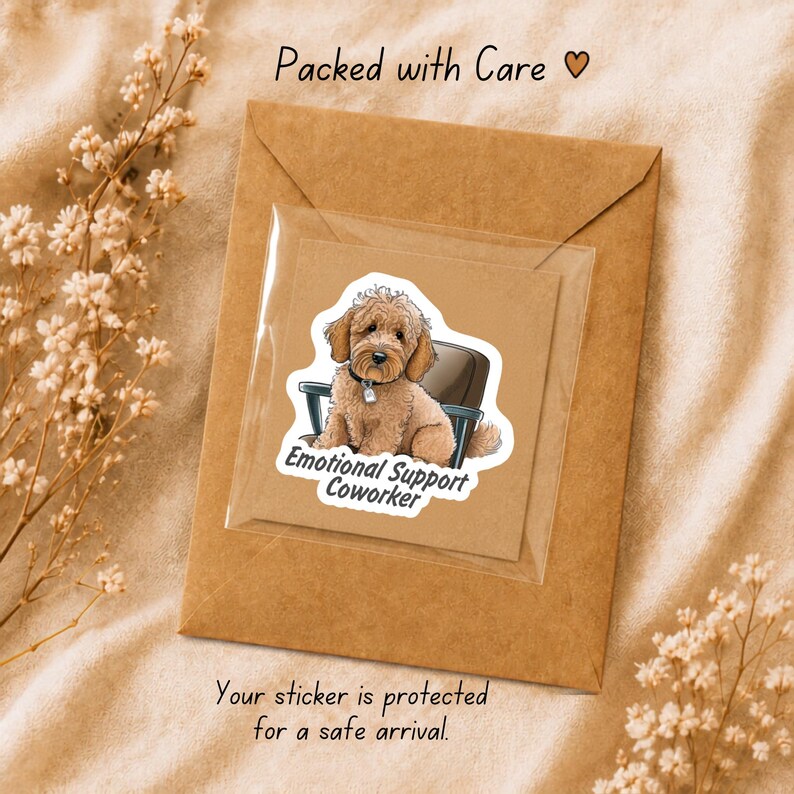 May include: A square sticker featuring a brown doodle dog sitting in an office chair with the text Emotional Support Coworker, enclosed in a clear plastic sleeve on a brown paper envelope with the printed text Packed with Care.