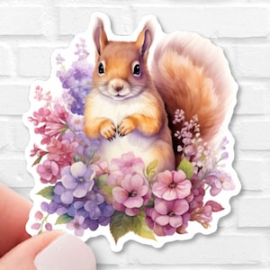 Squirrel with Wildflowers Sticker | Waterproof Vinyl | Animal Sticker | Cottagecore | Kindle Sticker | Gift for Animal Lovers, Nature Lovers