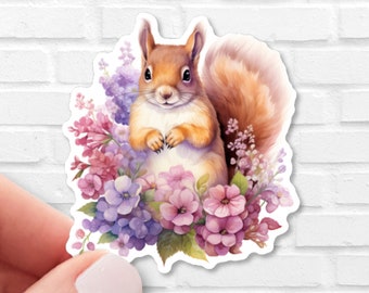 Squirrel Wildflower Sticker, Cute Backyard Animal Decal for Kindle, Cottagecore Park Vinyl for Tumbler and Journal