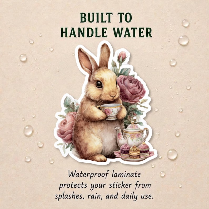May include: A sticker featuring a brown rabbit holding a floral teacup, surrounded by pink roses, a teapot, and small cakes. The text reads BUILT TO HANDLE WATER and Waterproof laminate protects your sticker from splashes, rain, and daily use.