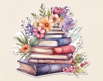 May include: A stack of five hardcover books in shades of blue, red, and brown, topped with a vibrant watercolour arrangement of orange, pink, and purple flowers, green leaves, and delicate sprigs, all presented as a single die-cut sticker design.