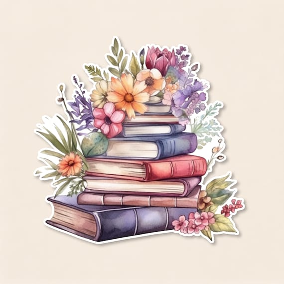 Floral Book Stack Die Cut Sticker, Bookworm Gift for Book Lover, Waterproof Vinyl Decal for Kindle, Laptop, Water Bottle, Journal