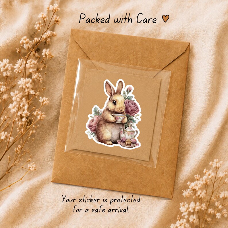 May include: A brown rabbit sticker featuring a floral tea party theme with a teacup, teapot, and small cakes. The sticker is enclosed in a clear plastic sleeve on a brown paper envelope with the text Packed with Care and Your sticker is protected for a safe arrival.