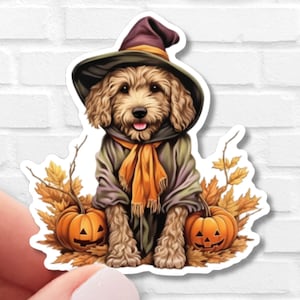 Halloween Goldendoodle Scarecrow Sticker | Fall, Halloween, Doodle | Vinyl, Waterproof | Kindle Sticker, Gift for Dog Lover, Pet Parent