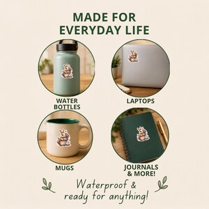 May include: A sticker featuring a brown rabbit holding a pink flower, displayed on a water bottle, laptop, mug, and journal. The text reads MADE FOR EVERYDAY LIFE, WATER BOTTLES, LAPTOPS, MUGS, JOURNALS & MORE!, and Waterproof & ready for anything!