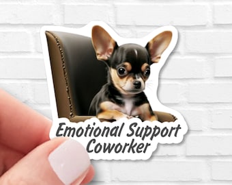 Emotional Support Coworker Chihuahua Sticker, Funny Office Dog Vinyl Decal, Waterproof Laptop & Water Bottle Sticker