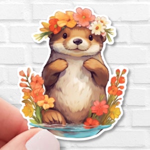 Otter Wildflower Sticker, River Otter Decal for Kindle, Cottagecore Sea Animal Vinyl for Tumbler and Water Bottle