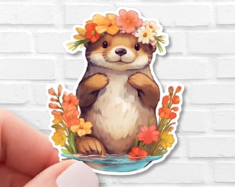 Otter Wildflower Sticker, River Otter Decal for Kindle, Cottagecore Sea Animal Vinyl for Tumbler and Water Bottle