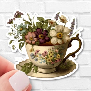 Vintage Teacup with Wildflowers Sticker | Vinyl, Waterproof | Cottagecore Witchy Sticker | Gift for Tea Lover | Kindle Sticker