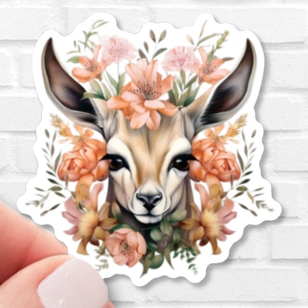 Gazelle, Deer with Wildflowers  Sticker | Waterproof Vinyl | Animal Sticker | Cottagecore | Kindle Sticker | Gift for Animal Lovers