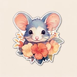 May include: A sticker featuring a blue-grey mouse with large pink-toned ears and dark eyes, surrounded by a cluster of orange, yellow, and peach-colored flowers with green leaves. The illustration has a white border and a soft, painterly aesthetic.