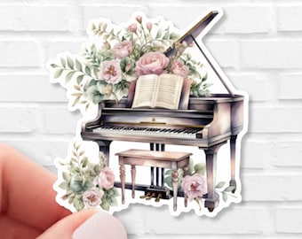 Floral Grand Piano Sticker, Waterproof Music Lover Vinyl Decal, Cottagecore Laptop, Kindle & Water Bottle Sticker