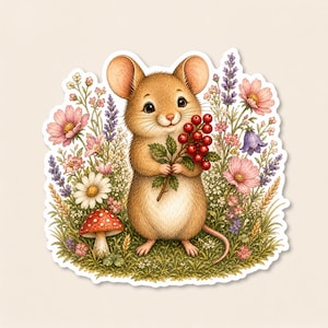 Field Mouse Sticker, Cottagecore Mouse Wildflower Die Cut Vinyl, Goblincore Mushroom Whimsical, Mouse Lover Gift, Nature Forager Present