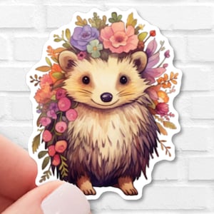 May include: A cute cartoon hedgehog wearing a crown of colorful flowers. The hedgehog has brown fur and a pink nose. The flowers are pink, purple, yellow, and orange.