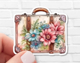 Vintage Suitcase with Flowers Sticker, Waterproof Travel Vinyl Decal, Cottagecore Laptop, Kindle & Water Bottle Sticker