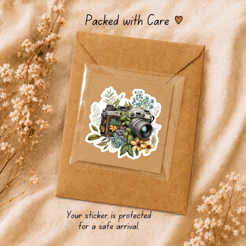 May include: A sticker featuring a vintage camera surrounded by colourful flowers and green leaves, enclosed in a clear protective sleeve on a brown paper envelope. The text Packed with Care and Your sticker is protected for a safe arrival.