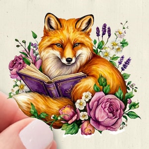 May include: A sticker illustration of an orange fox reading an open purple book, surrounded by purple roses, white flowers, and lavender sprigs. The fox has white chest fur and a bushy tail, with detailed green leaves tucked among the floral elements.
