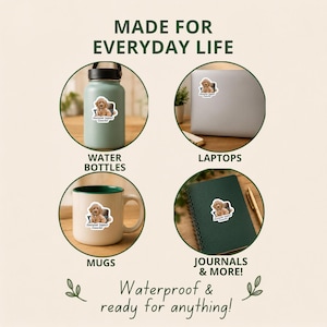 May include: A sticker featuring a golden-colored dog sitting on a chair with the text Emotional Support Coworker. The sticker is shown applied to a water bottle, a laptop, a mug, and a journal. The image includes the text MADE FOR EVERYDAY LIFE and Waterproof & ready for anything!