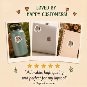May include: A sticker featuring a light brown dog sitting on a dark chair with the text Emotional Support Coworker. The sticker is shown applied to a sage green water bottle, a silver laptop, and a spiral-bound notebook, with five yellow stars below.