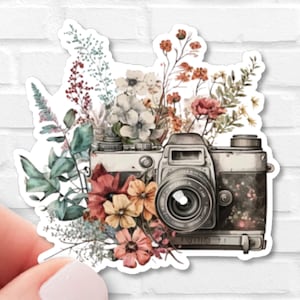 Vintage Camera with Wildflowers Sticker | Vinyl, Waterproof | Gift for Camera Lovers, Photographers| Kindle Sticker