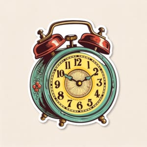 May include: A vintage-style twin bell alarm clock featuring a teal body with floral accents, a yellow clock face with black numerals, and two red bells on top. The clock has two black hands and a central adjustment knob on the top frame.