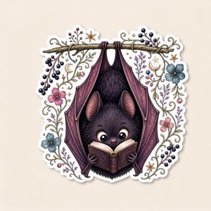 May include: A sticker featuring a fluffy dark purple bat hanging upside down from a branch whilst reading an open book. The bat is surrounded by intricate illustrations of blue and pink flowers, dark berries, small stars, and crescent moons.