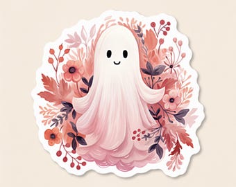 Può includere: Un adesivo fustellato raffigurante un fantasma bianco con un semplice volto sorridente dagli occhi neri, circondato da una fitta disposizione di elementi floreali nei toni del rosa e del rosso, tra cui varie foglie, piccole bacche e fiori.