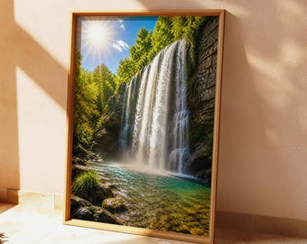 Poster con scena naturalistica di una serena cascata – Verde lussureggiante, specchio d'acqua cristallino da appendere alla parete.