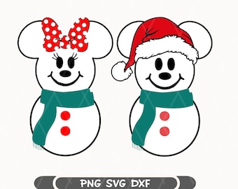 May include: Two snowman-shaped figures with Mickey Mouse ears. One wears a red bow with white polka dots, the other a Santa hat. Both have teal scarves and red button details. The image includes the text "PNG SVG DXF".