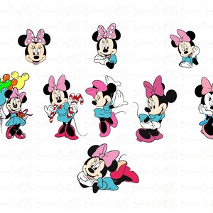 May include: A set of nine digital clip art images featuring a cartoon mouse character with different poses and accessories. The mouse is wearing a red and white polka dot bow, a blue dress, and has large black eyes. The images include the mouse holding balloons, a candy cane, and a gift box.