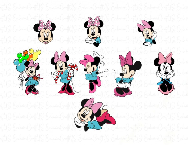 May include: A set of nine digital clip art images featuring a cartoon mouse character with different poses and accessories. The mouse is wearing a red and white polka dot bow, a blue dress, and has large black eyes. The images include the mouse holding balloons, a candy cane, and a gift box.
