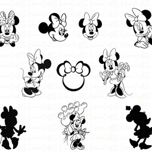 May include: A set of black and white images featuring a cartoon mouse character with large ears and a bow. The images show the character in various poses, including holding candy canes, balloons, and a heart. The character is also shown in a silhouette.