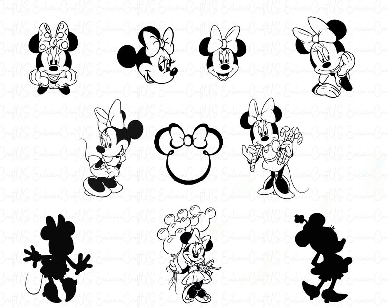 May include: A set of black and white images featuring a cartoon mouse character with large ears and a bow. The images show the character in various poses, including holding candy canes, balloons, and a heart. The character is also shown in a silhouette.
